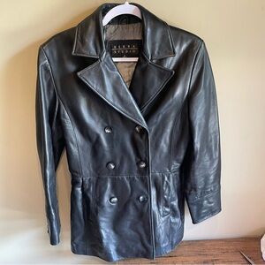 Men’s black leather short trench coat size S.